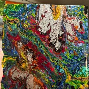 Dynamic Abstract Canvas with Red, Blue, and Silver Accents